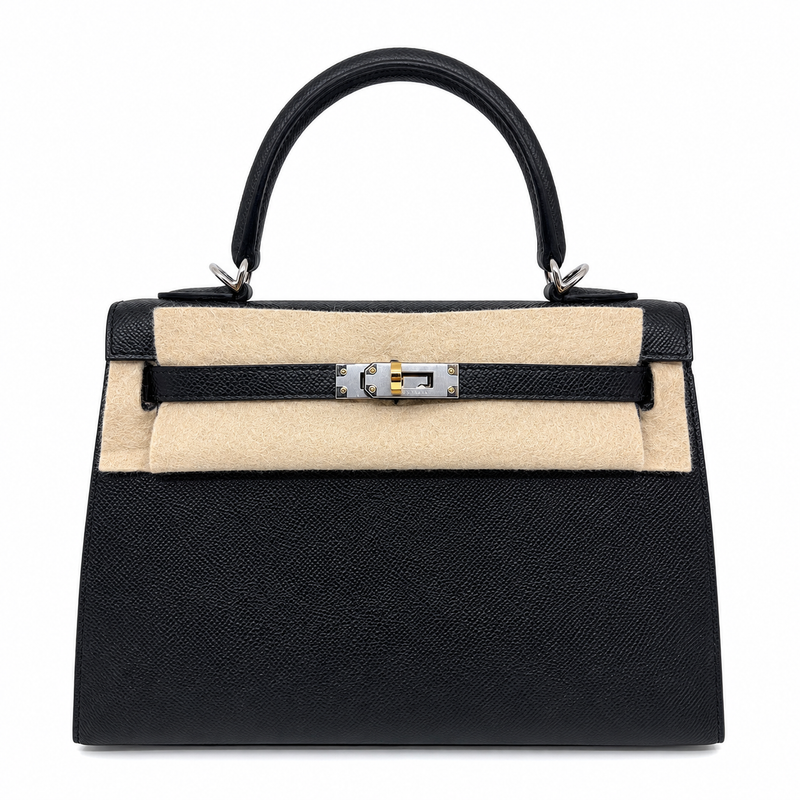 Hermès Kelly 25 Nera Hardware Oro e Argento