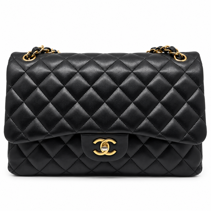 Chanel classic double flap Jumbo in pelle di agnello nera
